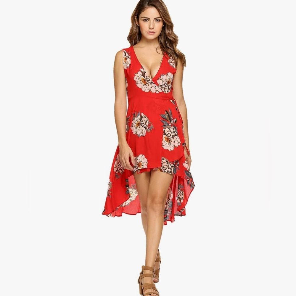 Amazon Red Floral High Low Wrap Dress, Size S NWOT